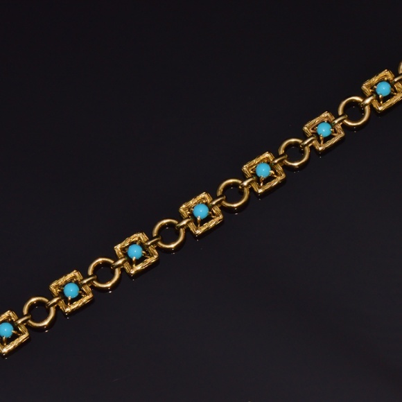 VINTAGE MID-CENTURY SOLID 18K GOLD & NATURAL PERSIAN TURQUOISE BRACELET - Picture 3 of 13